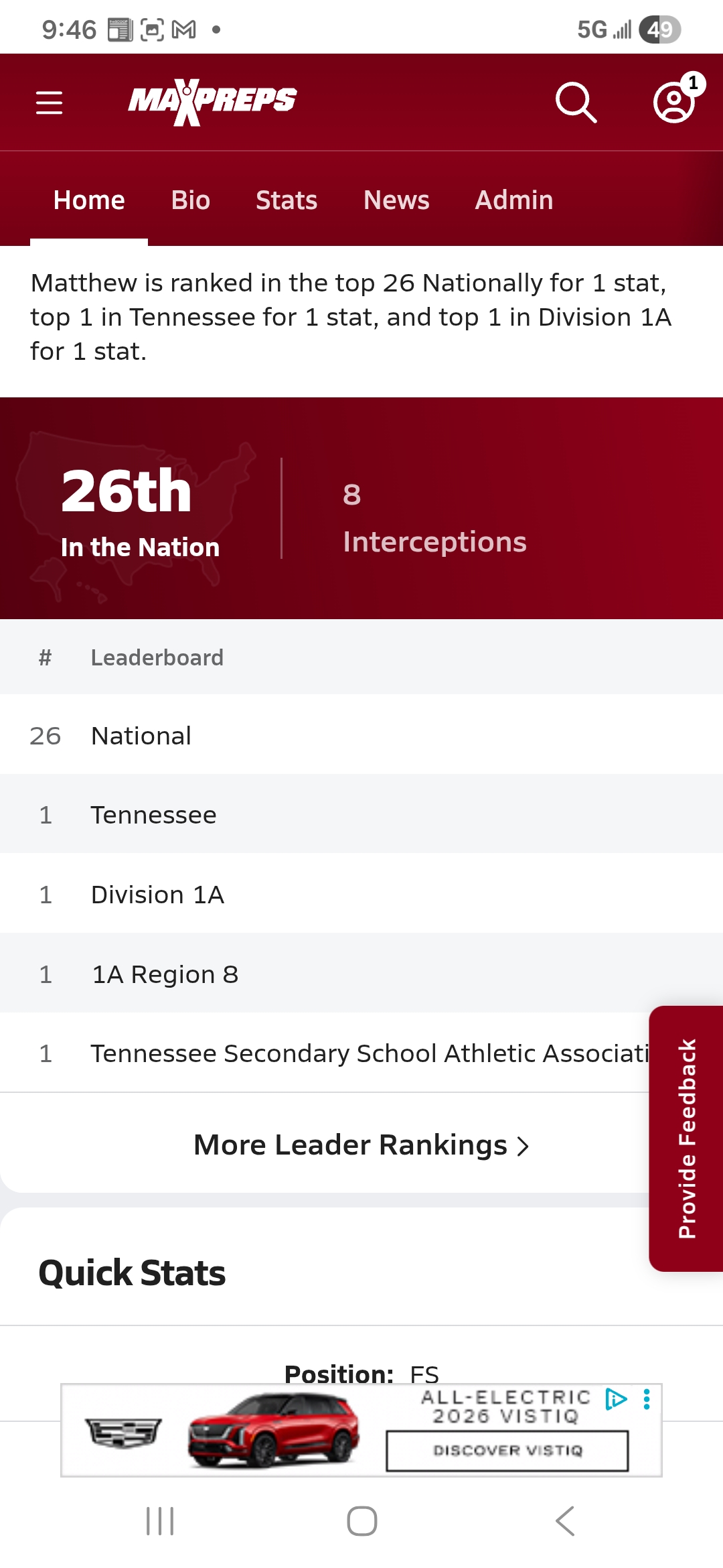 Matthew Thomas, football athlete profile picture